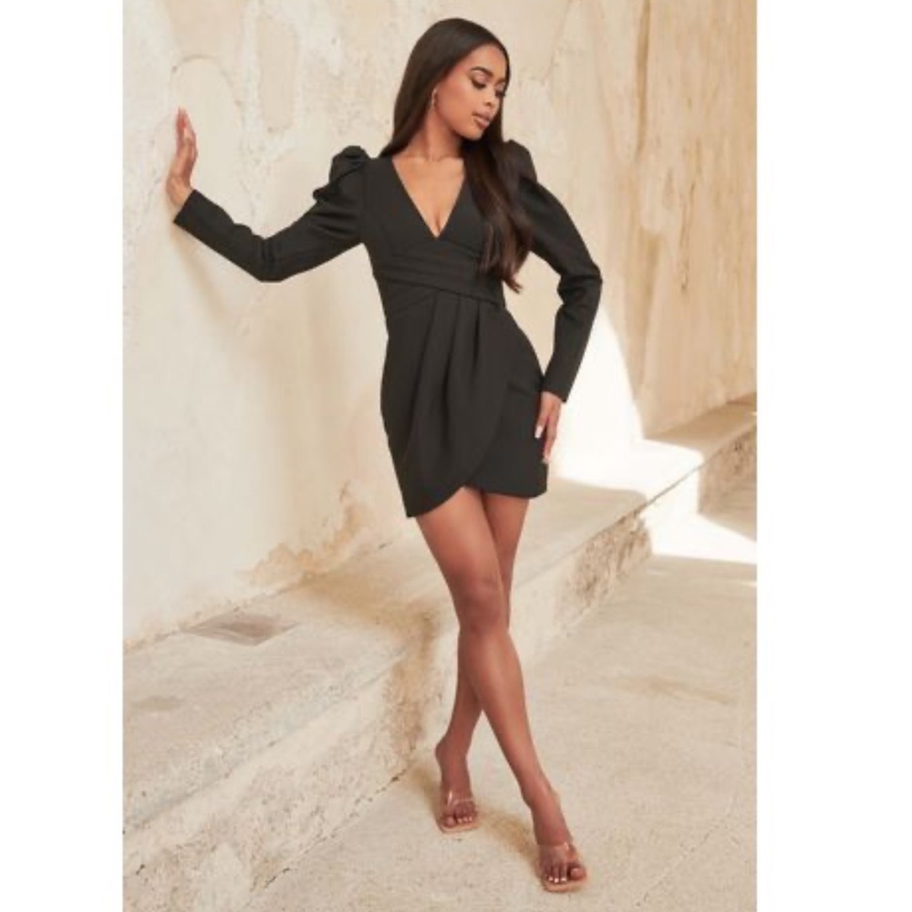 Lavish Alice Black Waist Wrap Puff Sleeve Mini Dress US 4 UK 8 Tulip Hem NWT